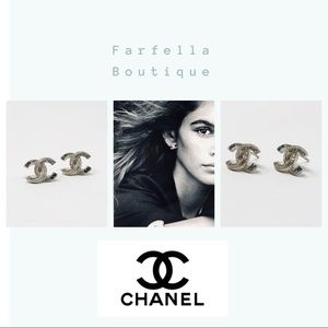 RARE Silver Chanel CC EARRINGS w Crystals textured